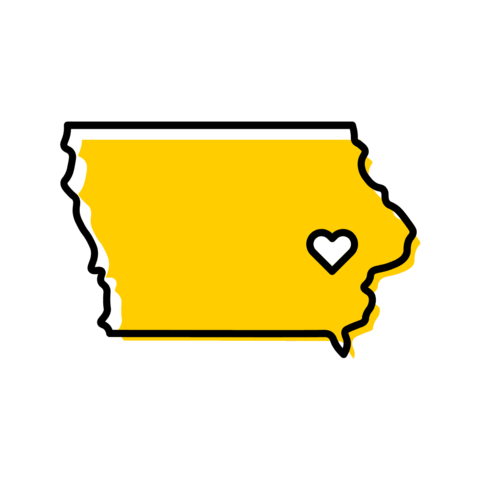 An illustration of the outline of the state of Iowa with a heart in the spot where Iowa City is.