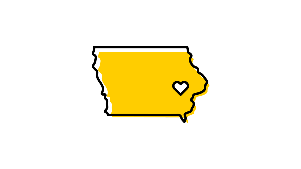 Illustration of the outline of the state of Iowa with a heart in the spot where Iowa City is.